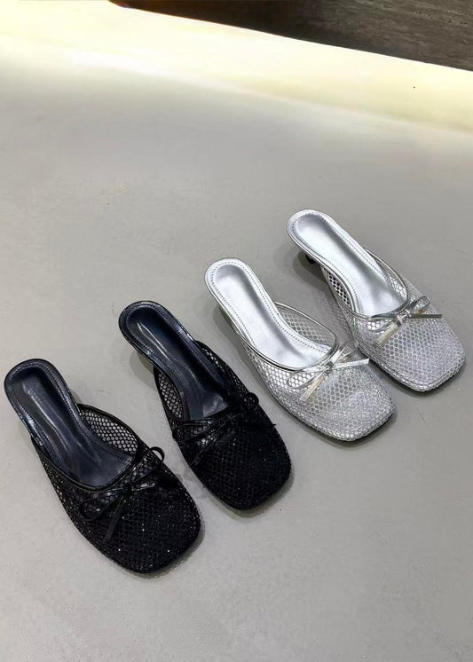 Sparkly Netted Square-toe Kitten Heels